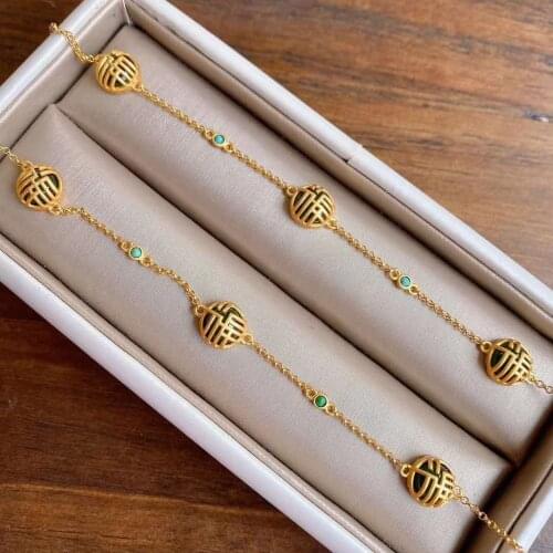 S925 Sterling Silver Natural Jasper round Bracelet Female Ethnic Style Retro Artistic Bracelet Female Chinese Style Fu Character