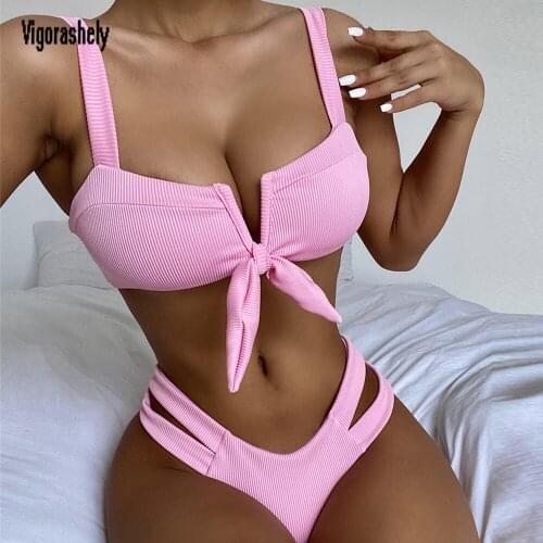 Vigorashely Sexy Push Up Bikini 2021 Tied Top Swimsuit Women Hollowed Bandage Swimwear Thong Two-pieces Bikinis Set Bathing Suit
