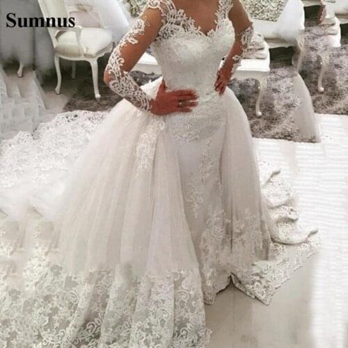 Sumnus Lace Tulle Wedding Dresses 2021 Sexy V-neck Puffy Applique Lace Tulle Wedding Gowns Long Sleeves Bridal Dress Women
