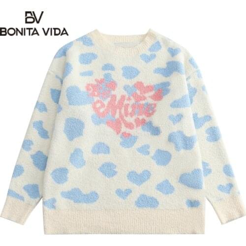 Bonita Vida Sweaters Harajuku Knitted Cow Heart Pullover Sweater Jumpers Hip Hop Casual Streetwear Fashion Outerwear Tops