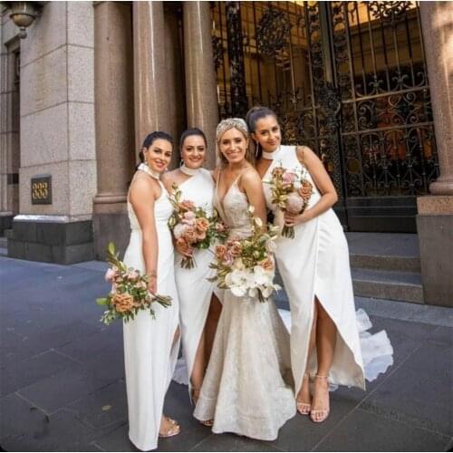 A-Line Short Chiffon High Neck Bridesmaid Dresses with Slit Floor Length Zipper Back Pleated Formal Wedding Party Gowns