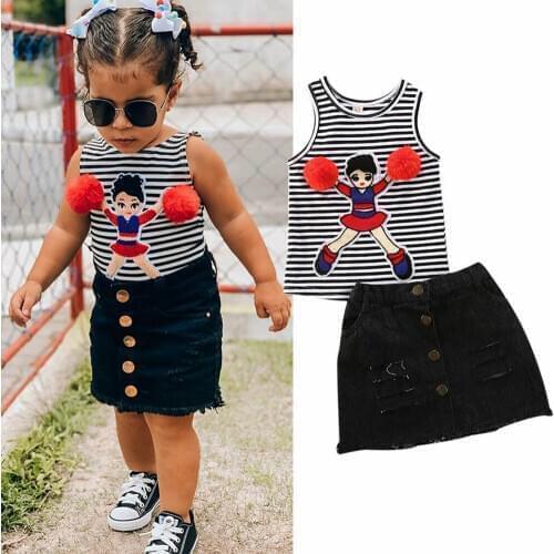 UK Baby Girl Kids Sleeveless Striped Vest Denim Skirt Summer Clothes Sets 1-7Y