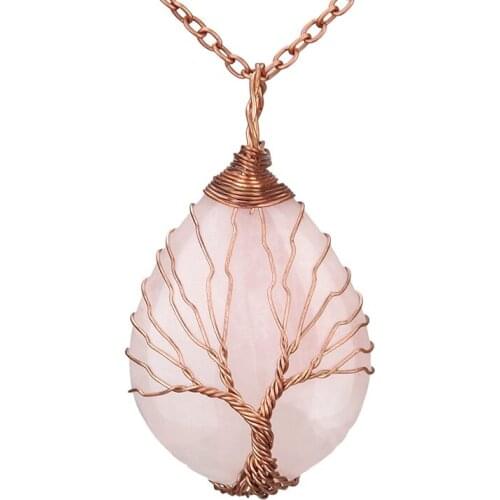 Tree of Life Pattern Colorful Waterdrop Natural Stone Pendant Necklace Women Jewelry Pink Green Crystal Druzy Energy Stone