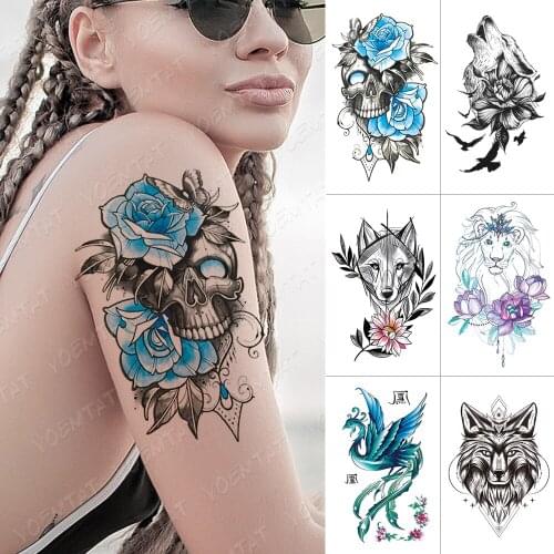 Waterproof Temporary Tattoo Sticker Skull Rose Flower Wolf Lion Flash Tattoos Phoenix Body Art Arm Fake Tatoo Women Men