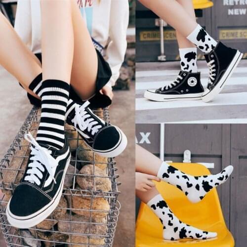 Japanese Kawaii Wome Printed Sock Cows Cute Panther Cotton Long Socks Female And Ladies Milk White Sox Lovely Harajuku Style Z