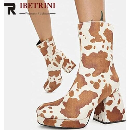 Ladies Square Toe Strange High Heel Ankel Boots Ziper Design Cow Print Short Fashion Popualr Shoes Woman 2021 New Arrival Winter