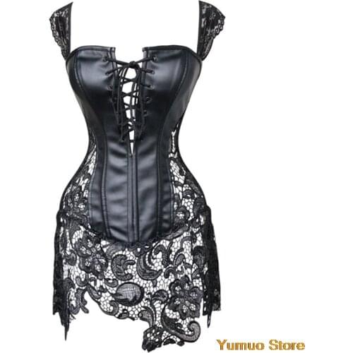 Womens gothic lace-up front punk faux leather corset dress plus size underwear set large women shapewear slimming