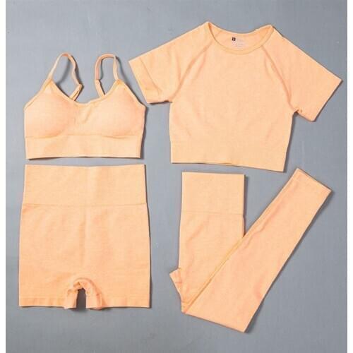 Womens 4 Piece Seamless Yoga Set Short Sleeve Fitness Running Sportswear High Waist Yoga Shorts Gym Leggings Workout Clothes