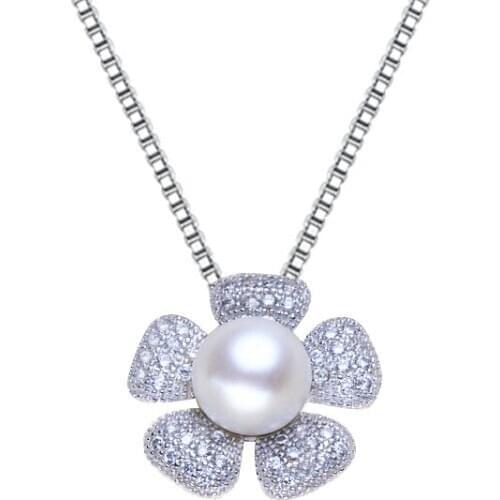 Small incense wind Zircon flower style S925 Sterling silver 10-11mm Natural real pearl necklace For women Free shipping