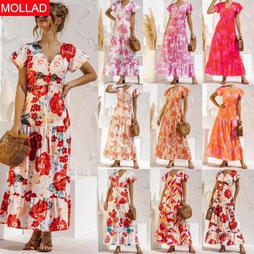 2021 Cross-Border Spring/Summer Hot Short Sleeve V-neck Flower Print Lace-up Button Dress Long Dress