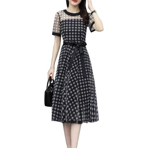 2021 Elegant Fairy Summer Dress New Fashion Plaid Chiffon Western Style Ladies Dress Mesh Large size Slim Lady Dresses OK782