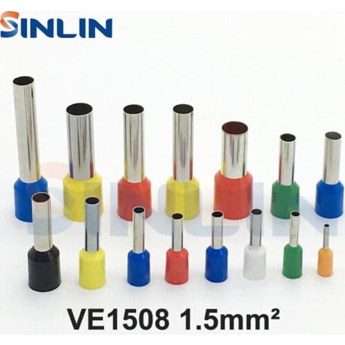 1000pcs/lot Crimp Terminal VE1508 tube pre insulating terminal Bootlace Ferrules AWG16 1.5mm^2 Brass Lead length 8mm