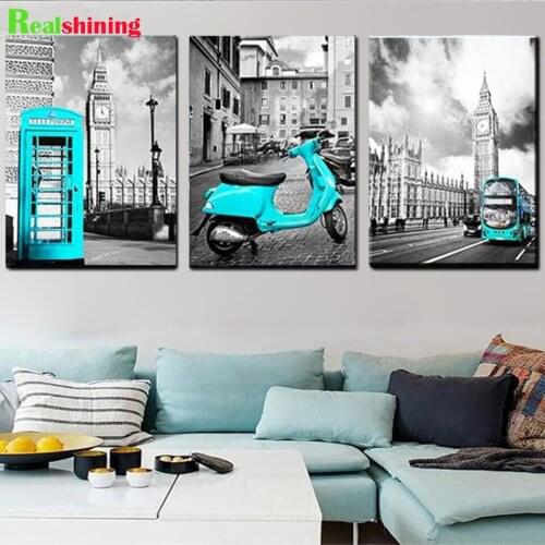 3 pcs Landscape Motorcycle Blue Booth Bus Diamond Painting 5d diy cross stitch diamond embroidery mosaic painting N2335