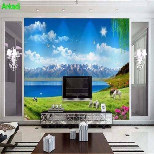 Custom Photo Background Wallpaper Beautiful Nature Snow Mountain Grassland Blue Sky White Cloud TV Background Wall 3D Rural Land
