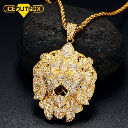 ICEOUTBOX New Lion Head Pendant Hollow Back Exaggerated Neckalce Cubic Zircon Woman Mens Hip Hop Unisex Jewelry Rhinestone Gift