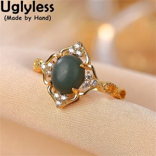 Uglyless Hollow Flowers Rings for Women Morandi Color Nature Blue Jade Rings 100% Real 925 Silver Jewelry Zircons Crystals Petal