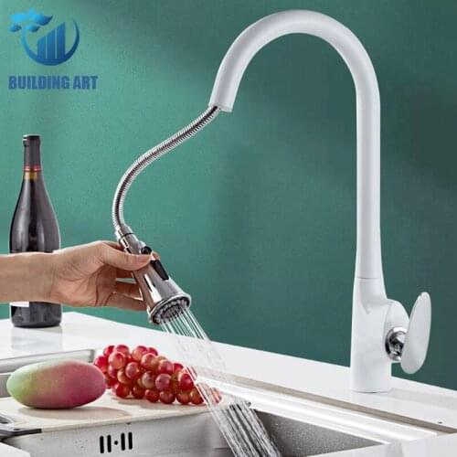 White Kitchen Faucet Pull Out Kitchen Sink Water Taps Single Handle Mixer Crane 360 Rotation Kitchen Shower&Column Faucets