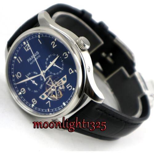 43mm parnis black dial Black strap date day ST 2552 automatic movement mens watch
