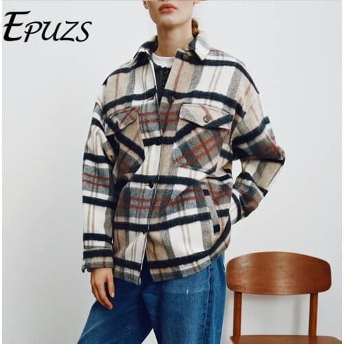 2021 New Vintage Lapel Pocket Plaid Jacket Coat Fashion Slim Long Sleeve Warm Elegant Jacket Coat Famlae Outerwear Chic Top