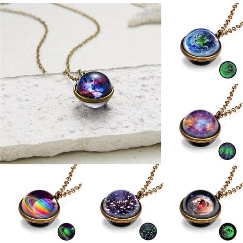 Necklace Women Men Glow In The Dark Galaxy System Double Sided Glass Dome Planet Long Necklace Pendant Valentines Day Gift
