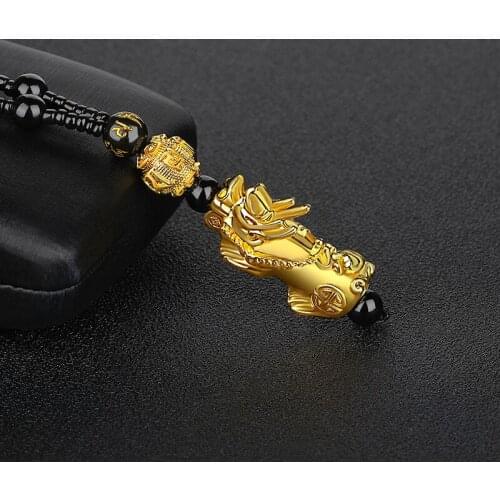 Pixiu Necklace Symbol Wealth and Good Luck Pendant Charm Necklace Chinese Feng Shui Faith Obsidian Stone Beads Necklaces