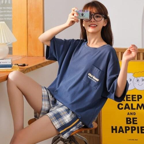 Plaid Print Casual Style Homesuit New Crew Neck Homeclothes Fashion Style Short Sleeve Short Pants Navy Blue Top Pajamas Set