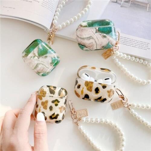 Luxury Pearl Shell Keychain Cover for Apple AirPods Pro 1 2 Case Vintage Emerald Leopard Pattern TPU Earphone Headphone Box Bag