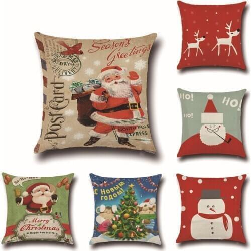 Santa 45x45cm Hot Christmas Decorations For Home 1pcs Reindeer Jute Pillow Cover Case MERRY CHRISTMAS Square Linen Cotton Decor