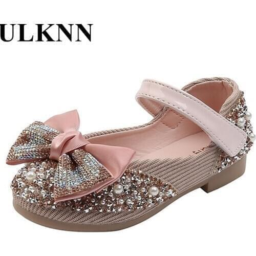 ULKNN Girls Single Shoes Spring Autumn Child Casual Rhinestone Bow Hook&Loop School Childrens Dance Shoes Kis Performance Flats
