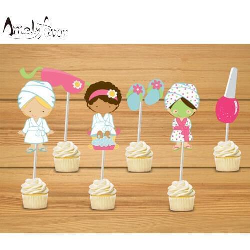 SPA Theme Party Cupcake Toppers SPA Girls Nail Polish Slippers Bash Cosmetic Party Decorations Supplies Event Cake Decoration