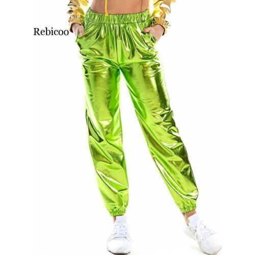 Women Shiny Holographic Pants Loose High Waist Metallic Trousers Dance Performance Hip Hop Pants Streetwear Joggers