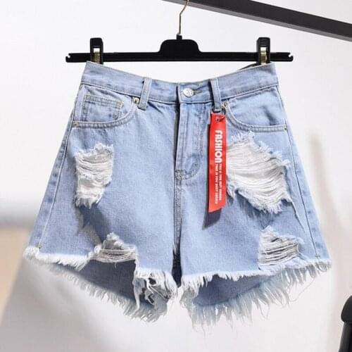 Korean Fashion Pure Cotton Street Wear Plus Size Ripped Denim Women Shorts Summer Tassel High Waist Black Distressed Jeans