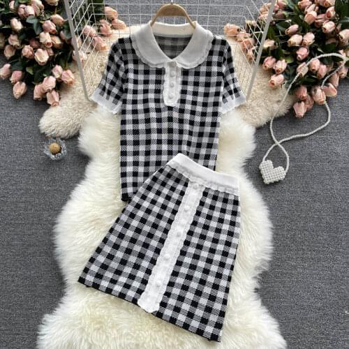 Summer New Fashion Black/Purple Plaid Knitted Suits Women Peter pan collar Short Sleeve Sweater + Mini Skirt 2 Piece Sets