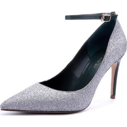 2019 spring Woman pumps 9.5CM high-heeled Sequin cloth Buckle Pointed Super Womens Party Shoes Nightclub Pump