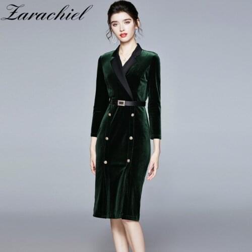 2021 Autumn Winter Retro Army Green Velvet Office Lady Golden Double Breasted Slim Elegant Work Wear Sashes Women Midi Dresses