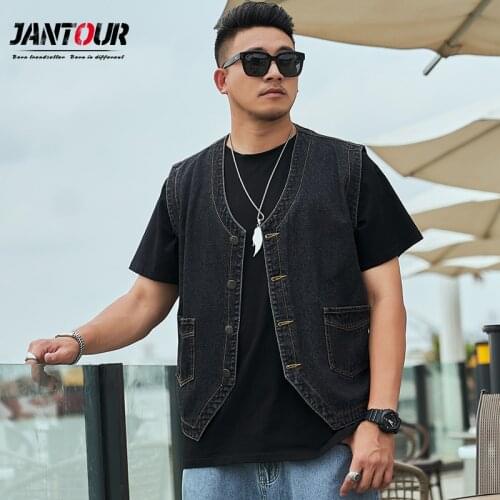 Jantour Large Size 8XL 7XL 6XL Cotton Jeans Sleeveless Jacket Vest Men Denim Jeans Vest Male classic Cowboy Outdoors Waistcoat