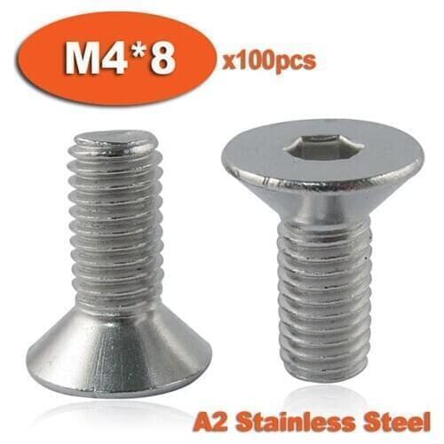 100pcs DIN7991 M4 x 8 A2 Stainless Steel Screw Hexagon Hex Socket Countersunk Head Cap Screws