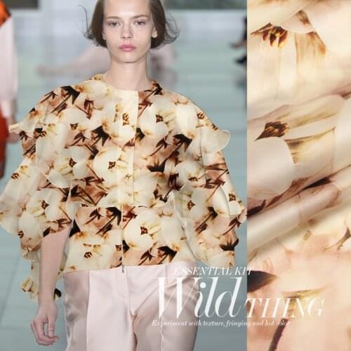 135cm wide 14mm orchid flower print green black silk organza fabric for dress shirt clothes