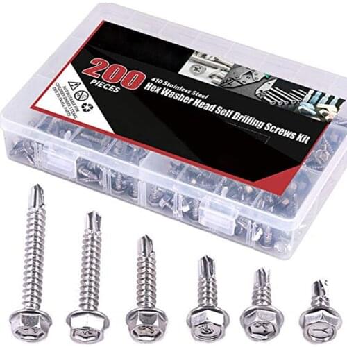 200pcs Hex Self Tapping Screw Assortment #8 #10 Stainless Hex Washer Head Self Drilling Sheet Metal Tek Screws With Drill Point