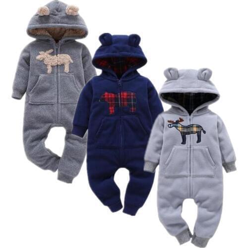 2021 Baby Boys Clothes Girls Fleece Rompers Cartoon Hooded Jumpsuit New Born Winter Clothing Spring Jumpsuit Baby Girl Clothing