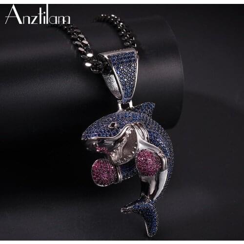 AZ Hip Hop AAA Blue Zircon Stone Paved Bling Ice Out Boxing Shark Pendants & Necklace for Men Rapper Jewelry