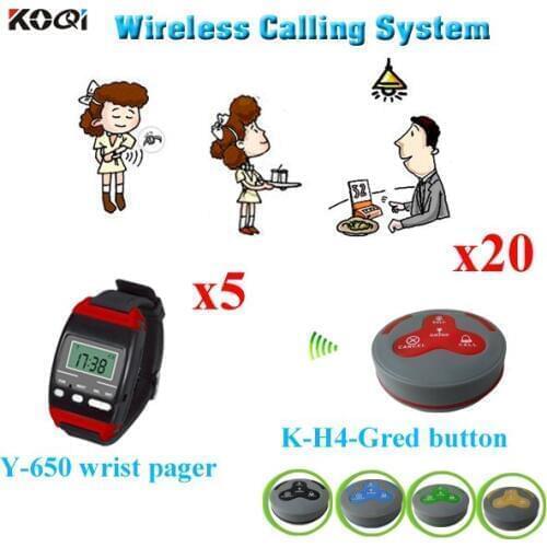 Wireless Waiter Pager System For Restaurant,Hospitals,Cafe Shop, 20pcs Table Call Button And 5 pc Wrist Watch Reciever