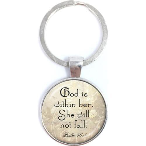 God Is Within Her, She Will Not Fall 25mm Round Glass Cabochon Pendant Backpack Buckle Best Gift For Friends Keychain