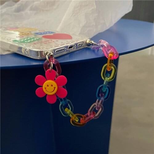 Wrist Chain Phone Case For iPhone 11 12 Pro Max XR XS SE2020 7 8Plus Clear Cute Graffiti Smile Flower Chain Hanging Cover Fundas