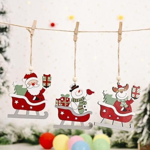 Wooden Ski Car Cartoon Santa Claus Hanging Pendant for Christmas Decoration