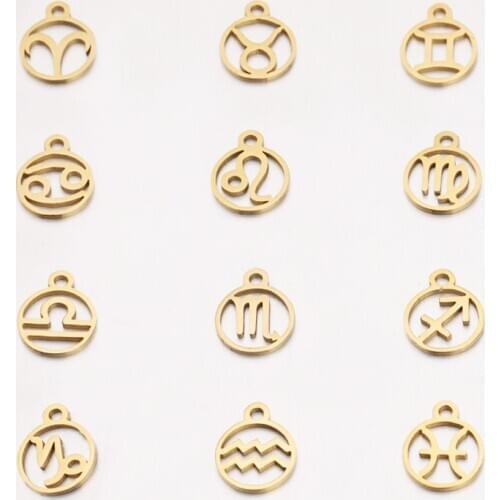 Fnixtar 12Pcs/Lot Gold Mirror Polish Stainless Steel Zodiac Charms Hollow Out Constellations Charms For Making Necklace Bracelet