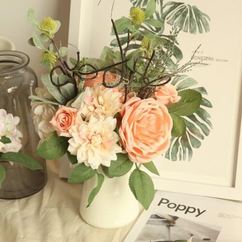 Artificial Rose Dahlia Flowers Wedding Bride Holding Bouquet Simulation Silk Home Party Living Vase Plant Interior Decoration
