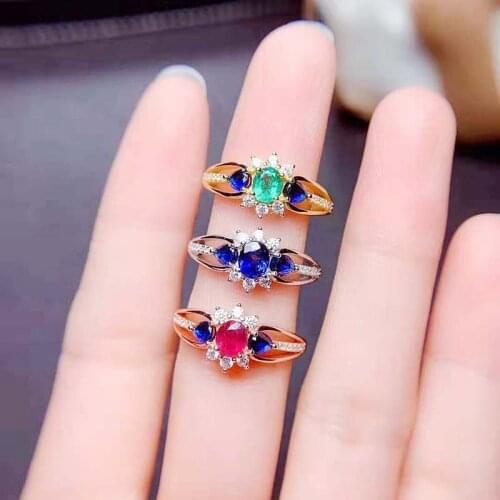 Fine Natural Sapphire/Ruby/Emerald Women’s Ring Real S925 Sterling Silver Fashion Charming Weddings Jewelry MeiBaPJFS