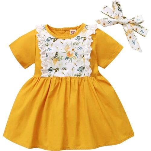Toddler Baby Girl 's Summer Dress,Casual Short Sleeve Dress Flower Printed A-line Princess Dress and Headband
