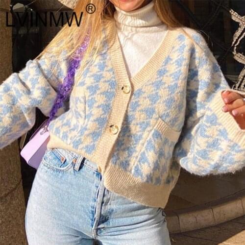 LVINMW Cardigans Houndstooth With Pockets Sweet Mode Slim Sweaters Button Up Patchwork Casual Long Sleeve Top Ribbed Woolen